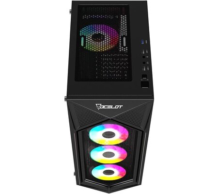 Gabinete Ocelot Gaming Polygon-E5 con Ventana, Midi-Tower, ATX/ITX/Micro ATX, USB 3.0/2.0, sin Fuente, 4 Ventiladores Instalados RGB, Negro