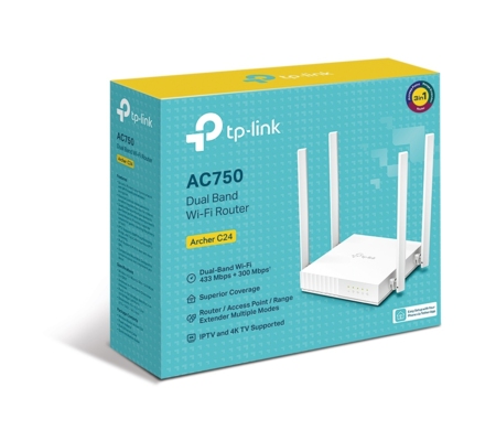 Router/TP-Link/Archer C24/Inalámbrico |Wisp |Ac750 Dual Band/Multimodo Access Point Repetidor Wisp/4 Puertos Lan 10/100 1 Puerto Wan 10/100/4 Antenas Fijas/Sustituye a Tl-Wr940N