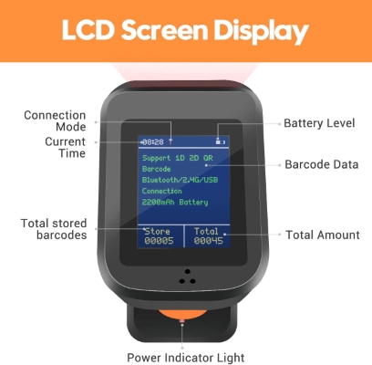 Tera Pro Escáner de código de barras inalámbrico 2D QR con pantalla de visualización Indicador de nivel de batería Visualización de tiempo Funciona con Bluetooth con base de carga para almacén Supermercado Biblioteca HW0006 Pro