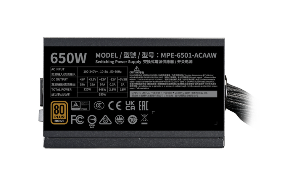 FUENTE DE PODER COOLER MASTER (MPE-6501-ACAAW-3BUS) MWE BRONZE 650 V3,80 PLUS, ESTANDAR, ATX 12V 3.1