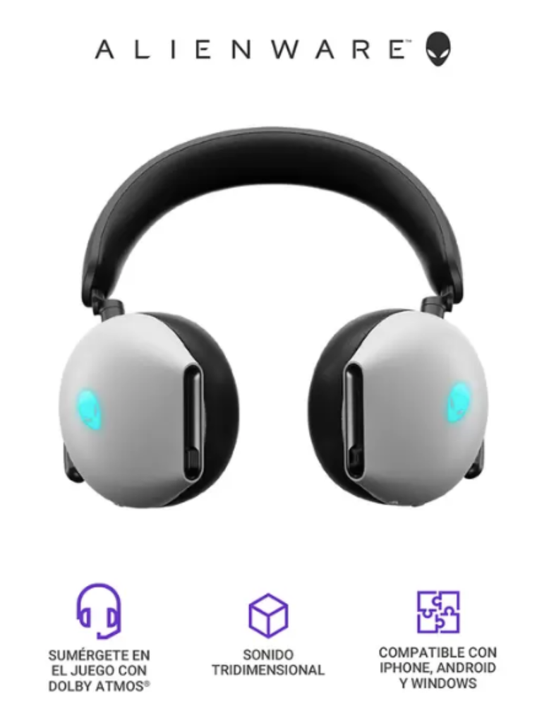 Audífonos con Micrófono, Dell Gaming Alienware Aw920H, Inalámbricos, USB-A, USB-C, Lunar Light