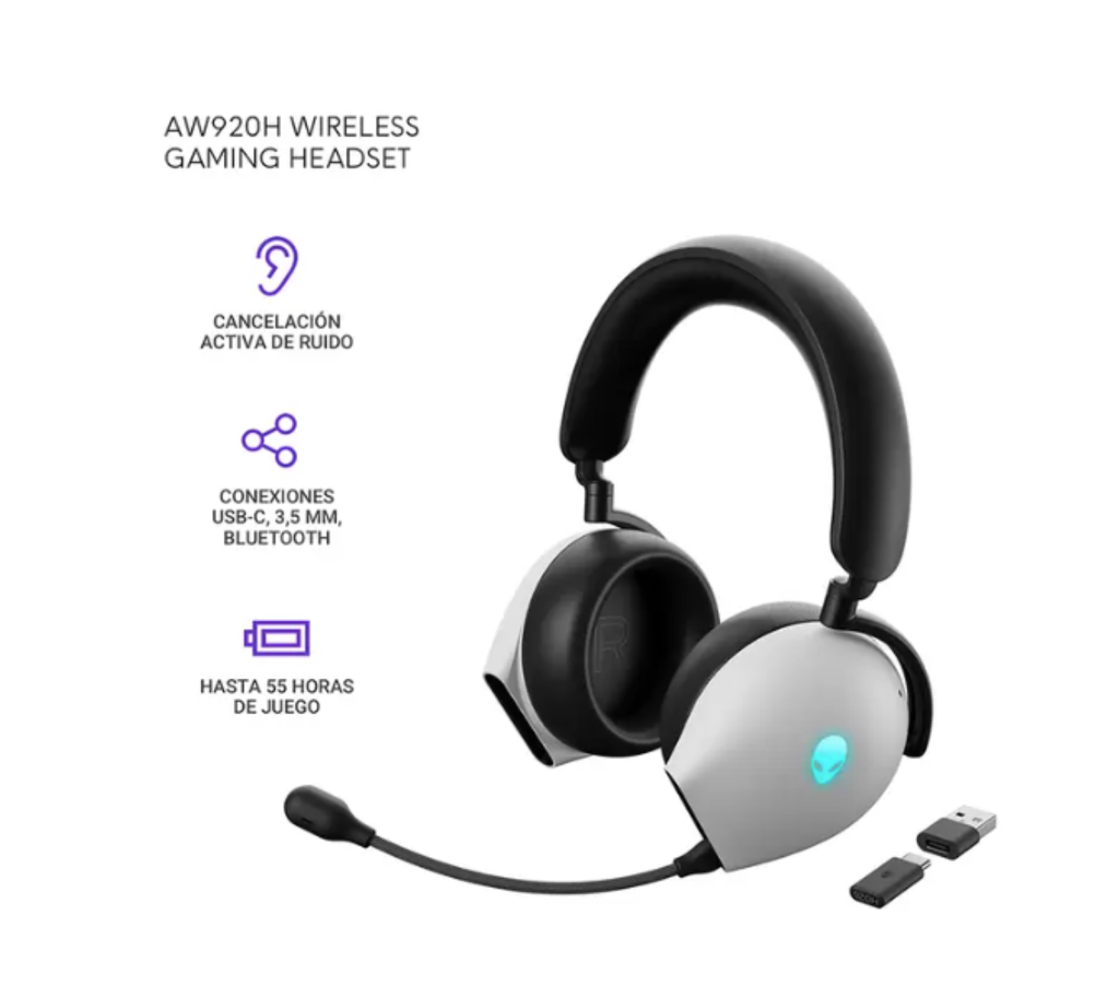Audífonos con Micrófono, Dell Gaming Alienware Aw920H, Inalámbricos, USB-A, USB-C, Lunar Light