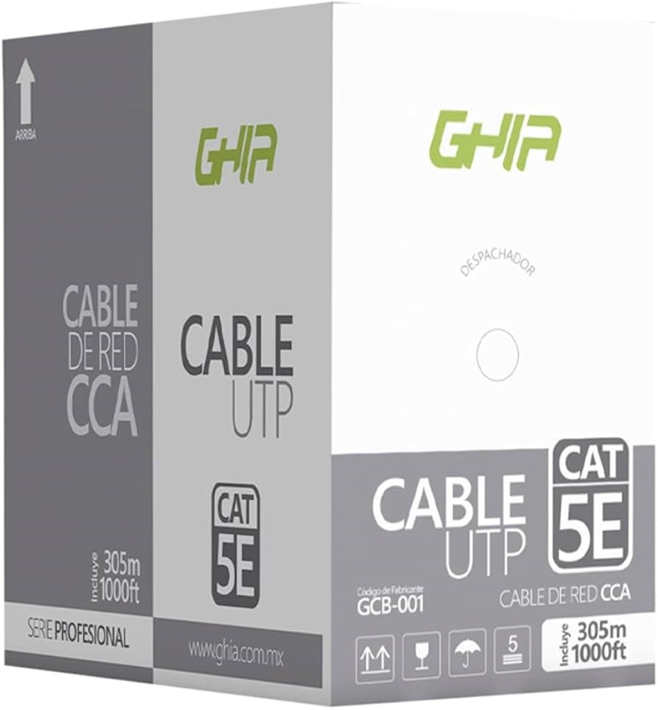 Bobina de Cable UTP Cat5E GHIA Cca gris 305M 24 AWG 1000Ft Certificación Ce/Rohs
