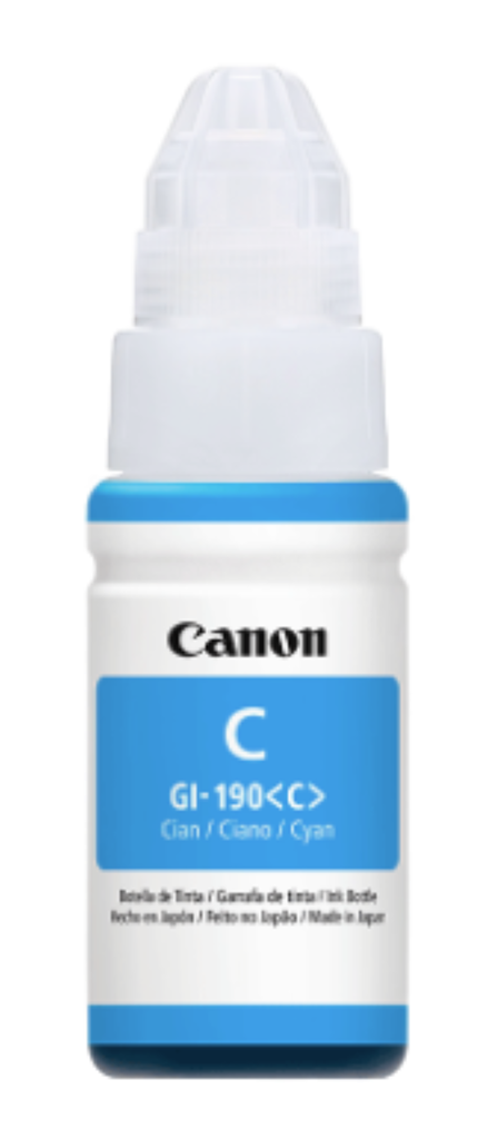 Botella de Tinta Canon Gi-190 Cyan, Rendimiento 7, 000 Páginas, Compatible G1100, G2100, G3100, G4100