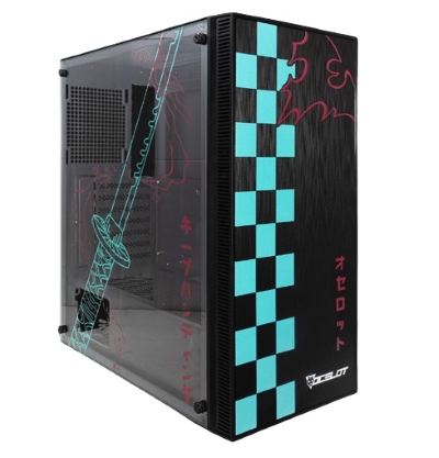 Gabinete Ocelot Gaming negro y Diseño Anime/Media Torre/Soporta 8 Ventiladores de 120mm/Soporta GPU 3400mm/Cristal TemplAño/Sin Fuente/Factor de Forma At x /Frontal Liso.
