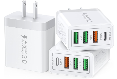 Adaptadores de cargador USB C de 40 W, 4 puertos QC+PD 3.0 ladrillo de alimentación, bloque de carga de doble enchufe rápido