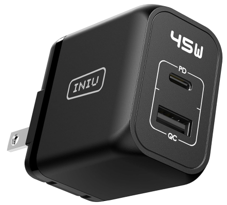 Cargador USB C, INIU de 2 puertos y 45 W, cargador súper rápido tipo C, mini cargador de pared PD PPS USB C plegable de GaN Tech