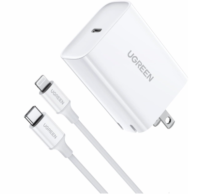 UGREEN 20W Cargador USB C con 1M Cable USB C a Lightning, Cargador de Pared Tipo C Portátil Compatible