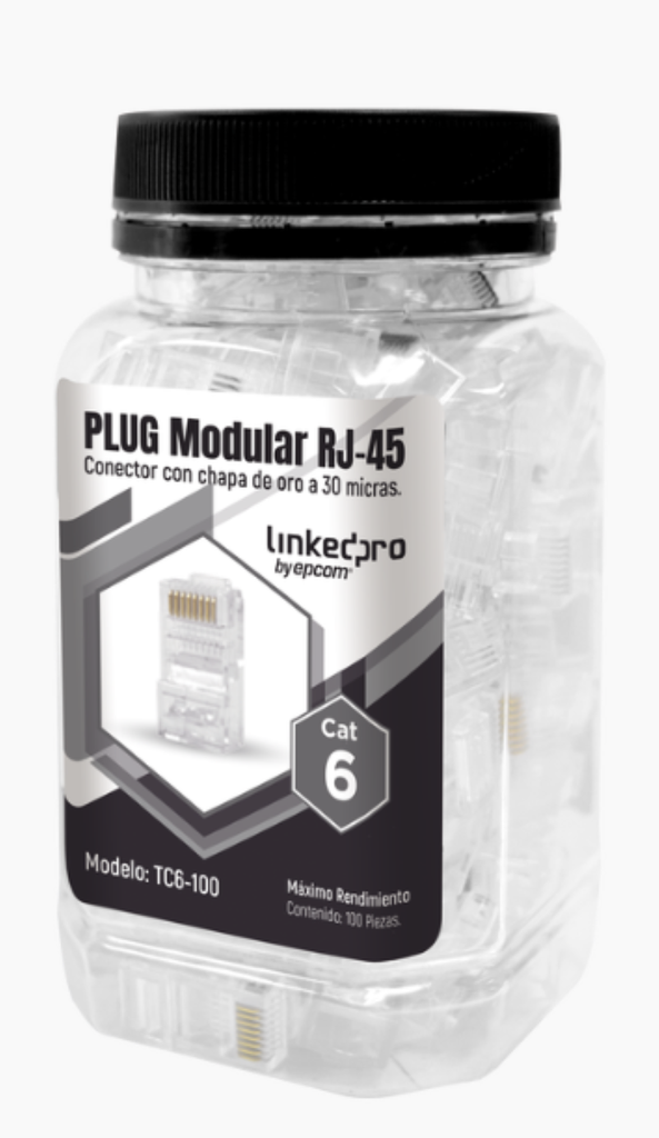 Bote con 100 Piezas de Plug Modular RJ45 Cat6 sin blindaje, chapado de oro a 30 micras para durabilidad extrema