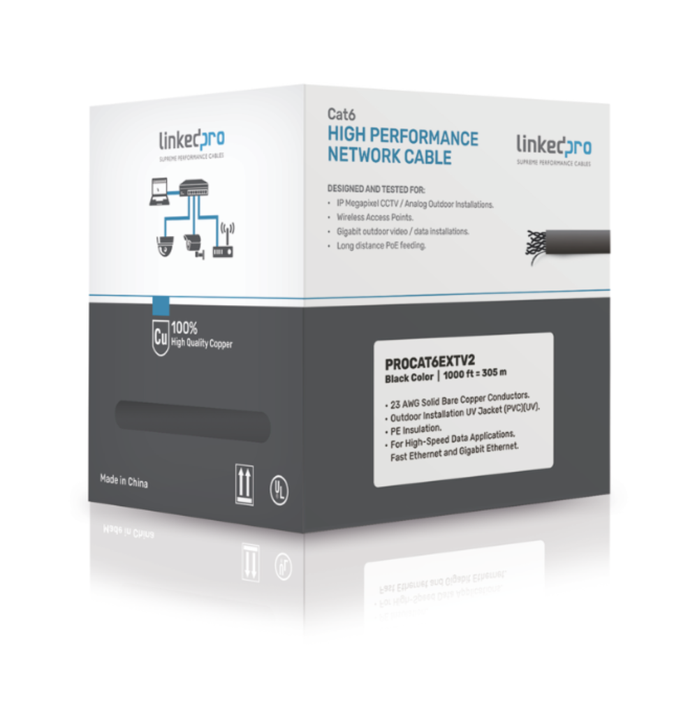 Bobina de cable LinkedPRO de 305 Metros Cat6+ CALIBRE 23 Exterior Blindado tipo FTP para CLIMAS EXTREMOS, UL, color Negro"