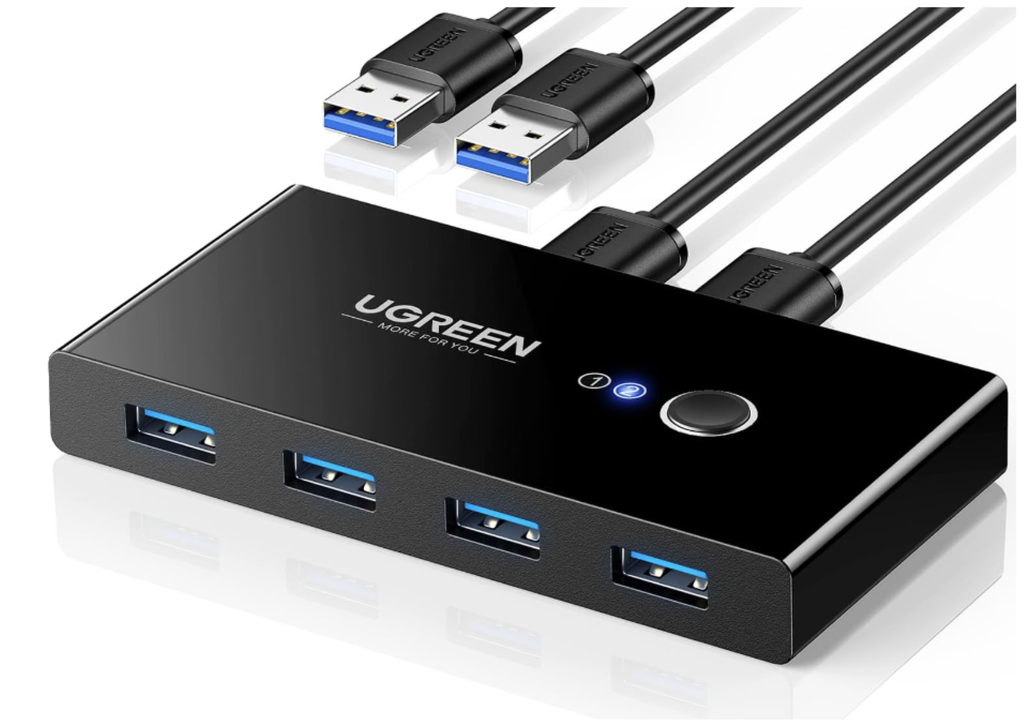 UGREEN Selector de interruptor USB 3.0, 2 ordenadores compartidos, 4 puertos USB 3.0, conmutador KVM USB para PC, portátil, teclado, ratón, impresora, escáner, adaptador de interruptor de un botón con