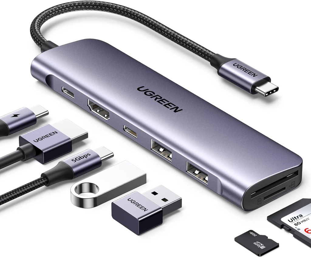 UGREEN HUB USB C, 7 en 1 Adaptador a HDMI 4K, USB C Puertos, 2 USB A 3.0, Lector Tarjeta SD TF, 100w PD Carga, USB C Hub