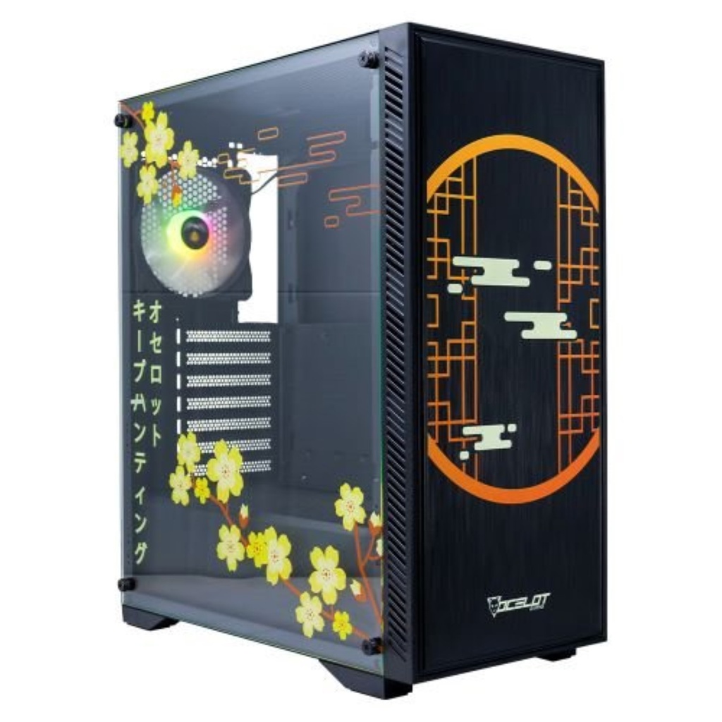 Gabinete ocelot gaming negro con amarillo y diseño anime / media torre / soporta 8 ventiladores de 120mm / soporta gpu 3400mm / cristal templado / sin fuente / factor de forma atx / frontal liso