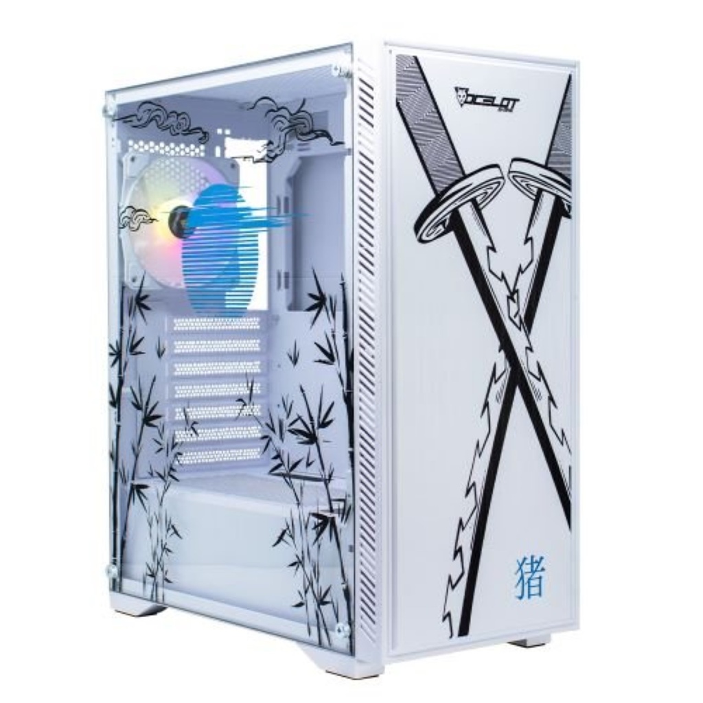 Gabinete ocelot gaming blanco modelo y diseño anime blue warthog / media torre / soporta 8 ventiladores de 120mm / soporta gpu 3400mm / cristal templado / sin fuente / factor de forma atx / frontal liso.