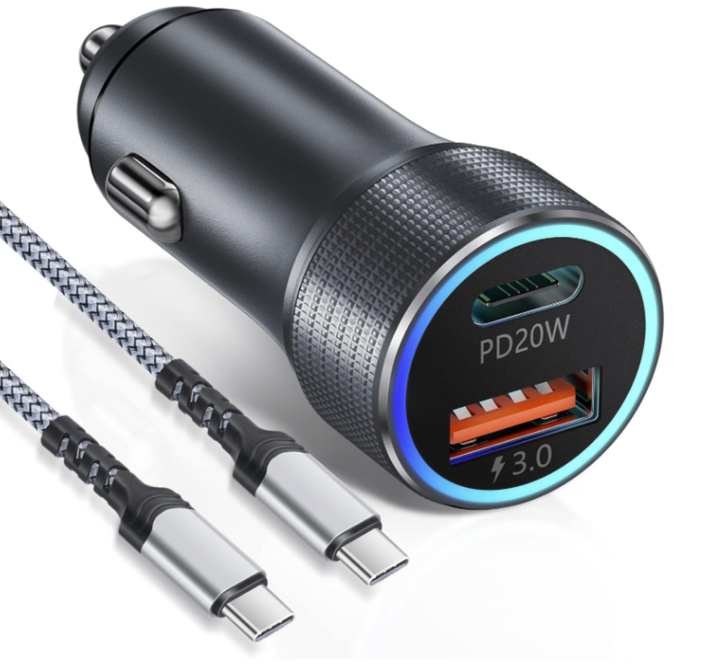 Bangfun - Cargador de coche USB C de automóvil doble puerto de 36 W, adaptador de cargador USB C + cable tipo C de 2M (gris)