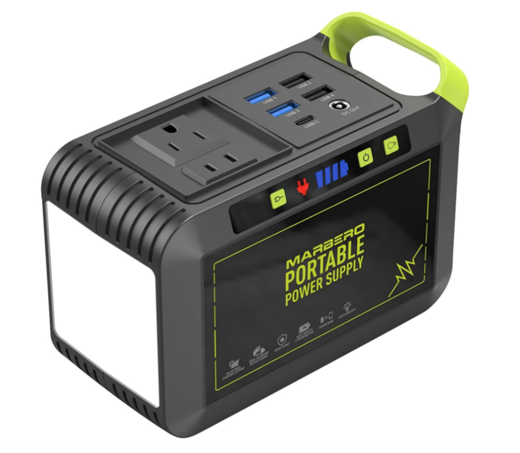 Central de energía Marbero portátil Suministra 120v, 80W Apto para dispositivos portátiles Puertos USB Linterna de emergencia Batería interna de 24,000 mAh