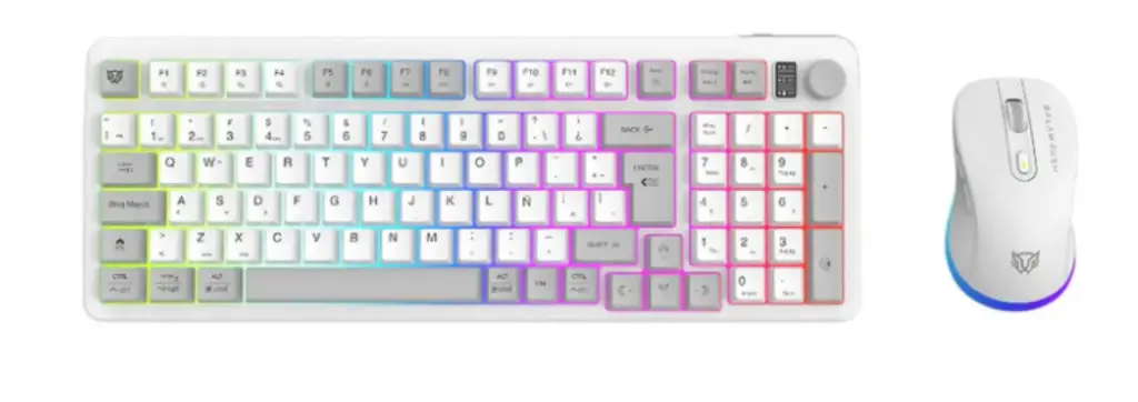 Kit Teclado y Mouse Gamer BALAM RUSH SQUAD CONQUEST PRO KG525 Inalambrico USB 2.4 GHz + BT 5.0 Tamaño 85% 7200dpi RGB Blanco