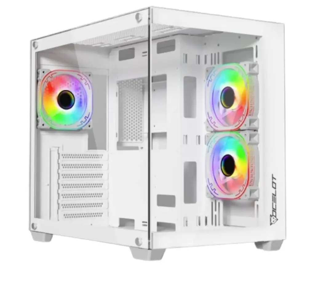 GABINETE OCELOT GAMING W-CUBE 2 / MID TOWER / ATX, M-ATX, ITX / PANEL LATERAL Y FRONTAL DE CRISTAL TEMPLADO / INCLUYE 3 VENTILADORES / ENFRIAMIENTO LIQUIDO HASTA 360MM / GPU HASTA 410MM / COLOR BLANCO