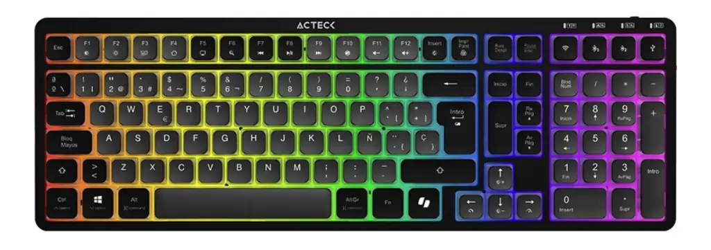 Teclado Acteck Techno Pro TI790 LED RGB, Teclado Mecánico, Clicky Purple, Inalámbrico, RF Inalámbrico/Bluetooth, Negro, Español